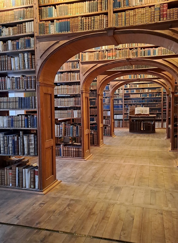 Wnętrze biblioteki z regałami, na których stoją książki. Pośrodku przejście, w tle biurko z dużą otwartą księgą.